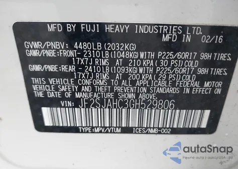 2016 Subaru Forester 2.5I Limited from USA, damaged, VIN JF2SJAHC3GH529806